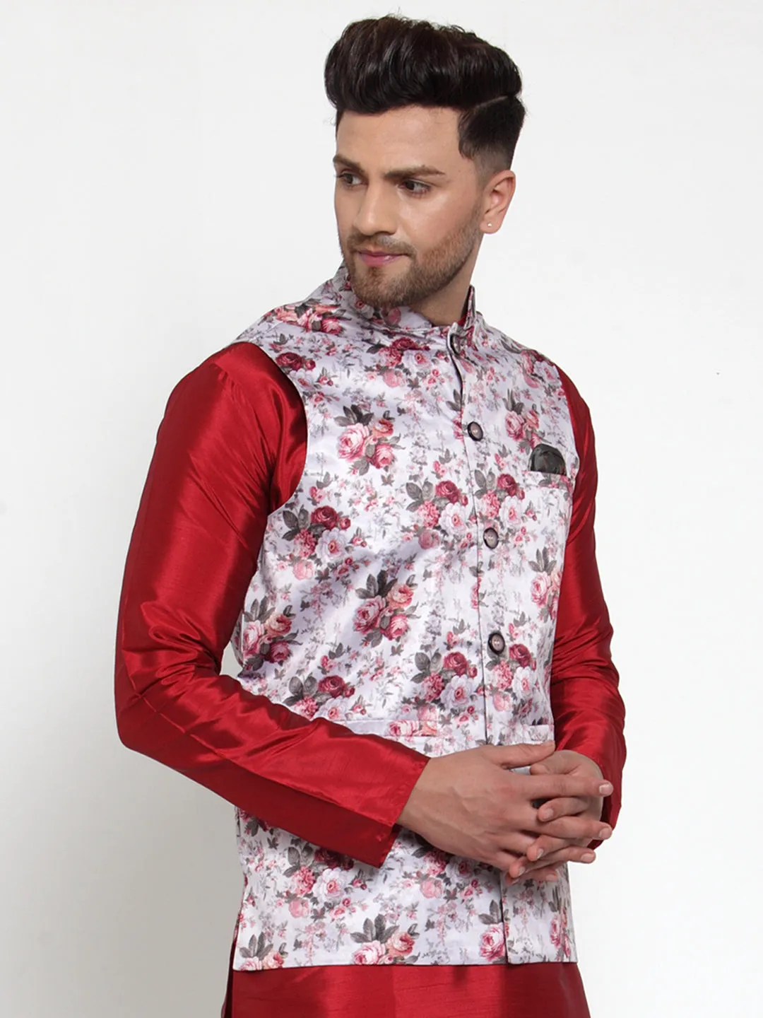 Jashvi Men's Silver Printed Nehru Jacket