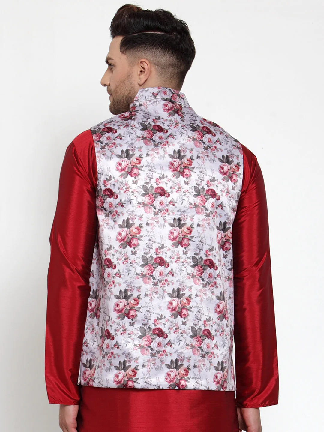Jashvi Men's Silver Printed Nehru Jacket