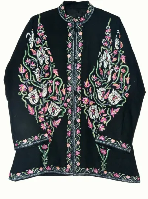 Kashmiri Woolen Jacket Black, Multicolor Embroidery #AO-052