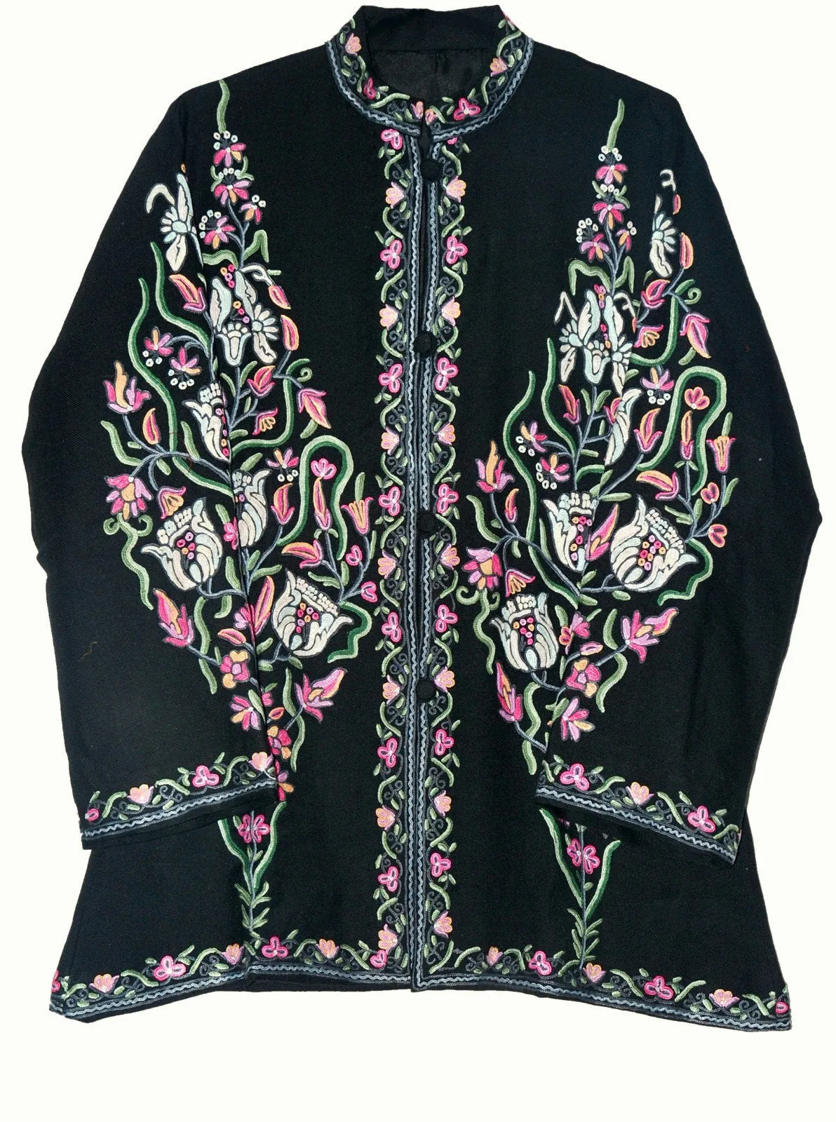 Kashmiri Woolen Jacket Black, Multicolor Embroidery #AO-052