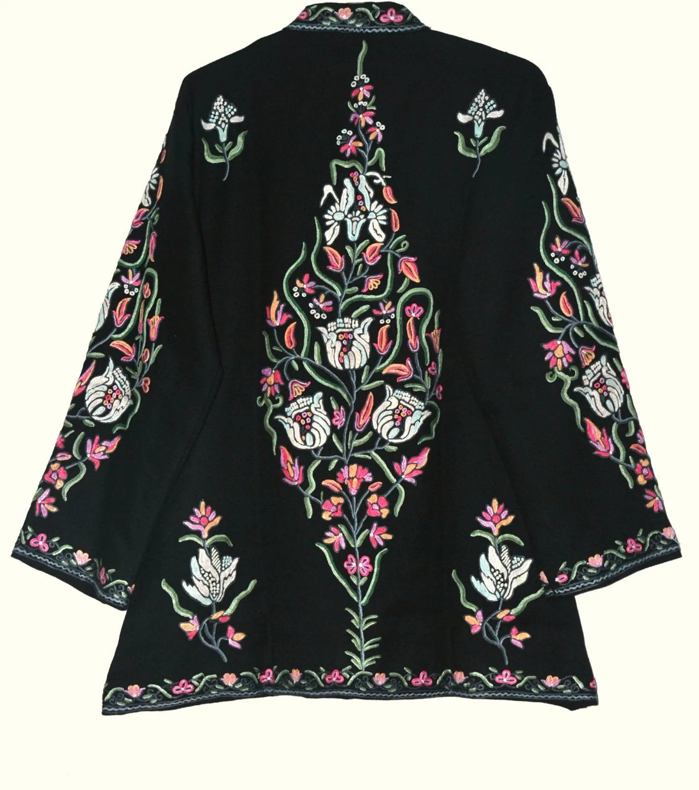 Kashmiri Woolen Jacket Black, Multicolor Embroidery #AO-052