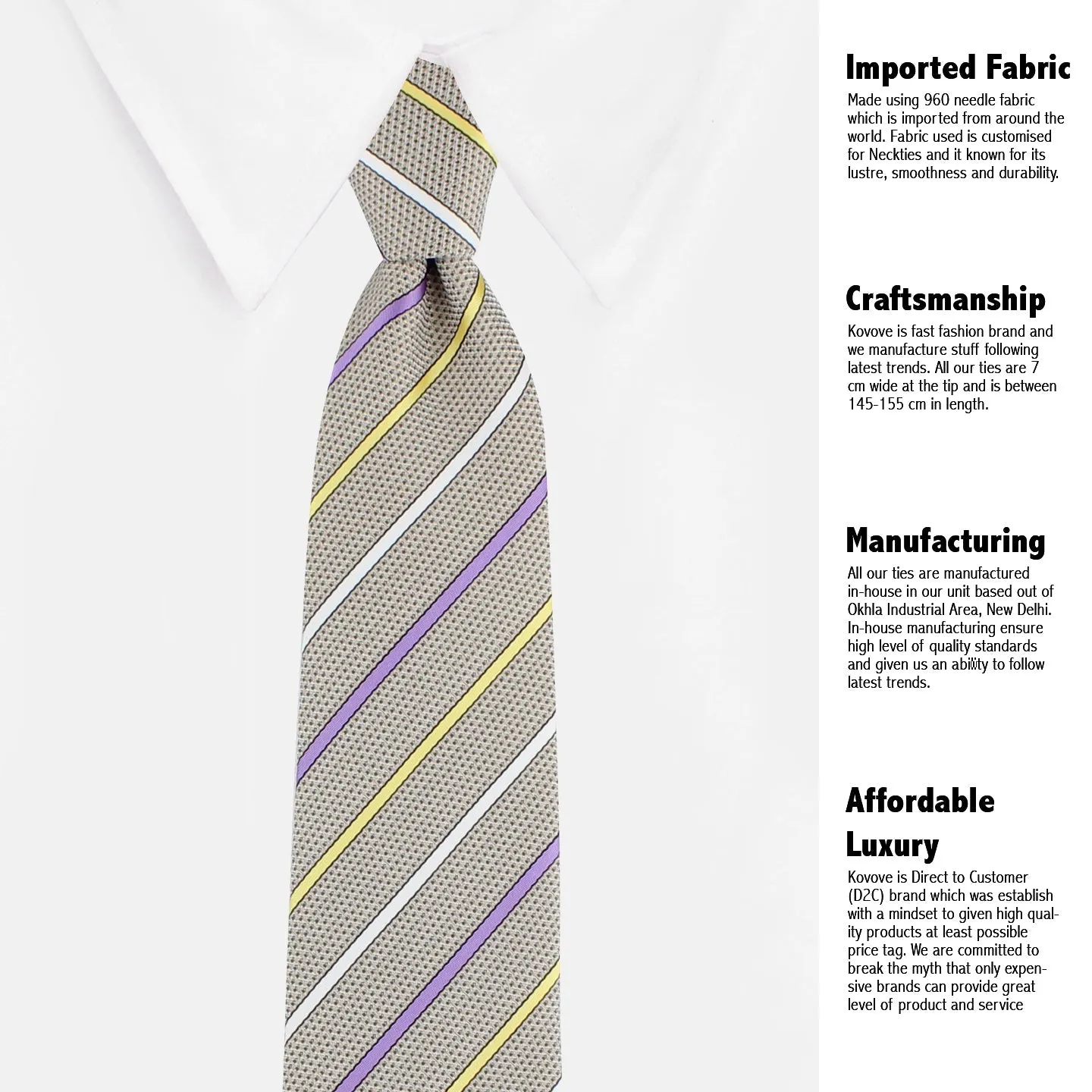 Kovove The Delightful Striped Grey Necktie and Pocket Square Gift Box