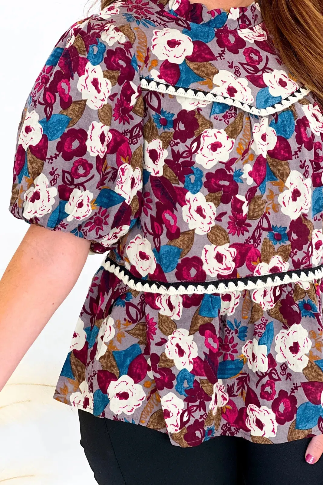 Mauve Floral Puff Sleeve Top *Final Sale*