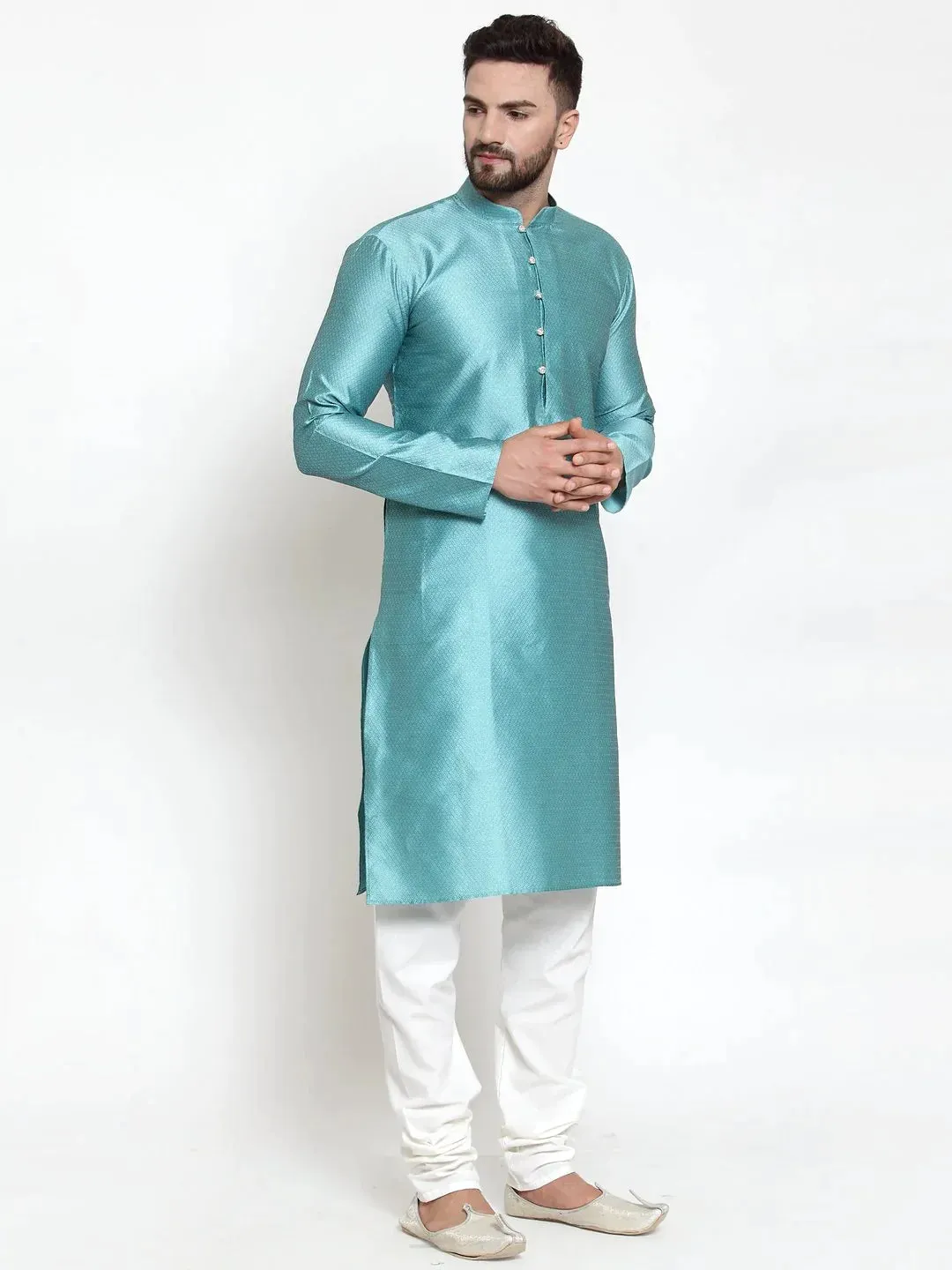 Men Light-Blue & White Self Design Kurta Only