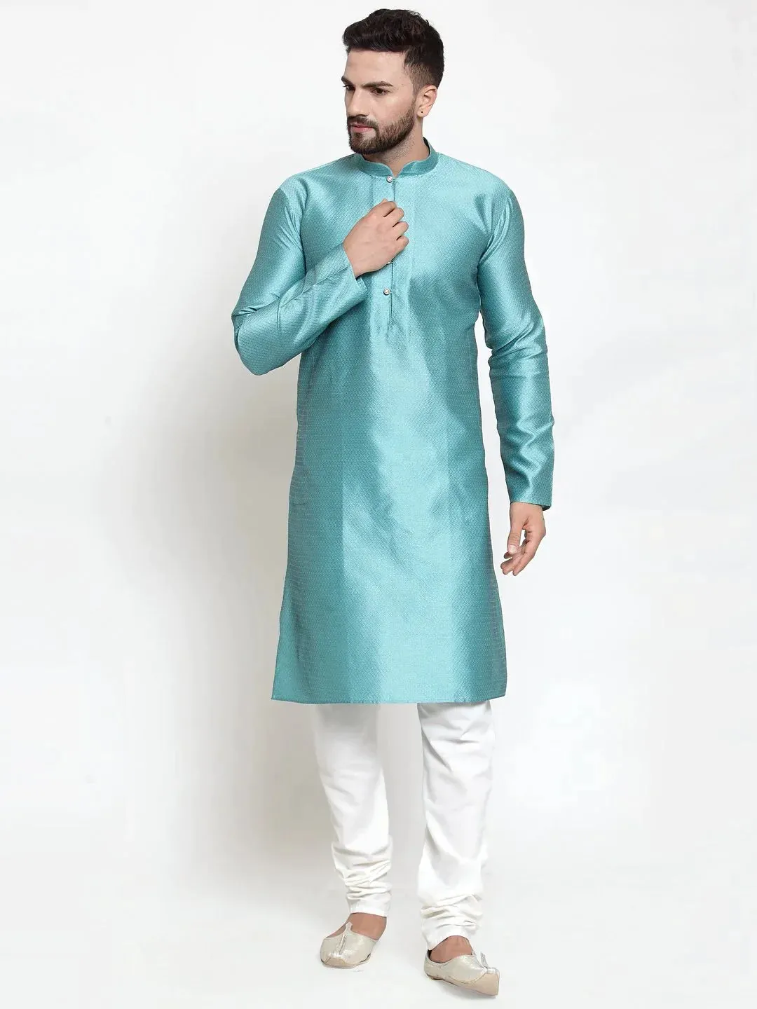 Men Light-Blue & White Self Design Kurta Only