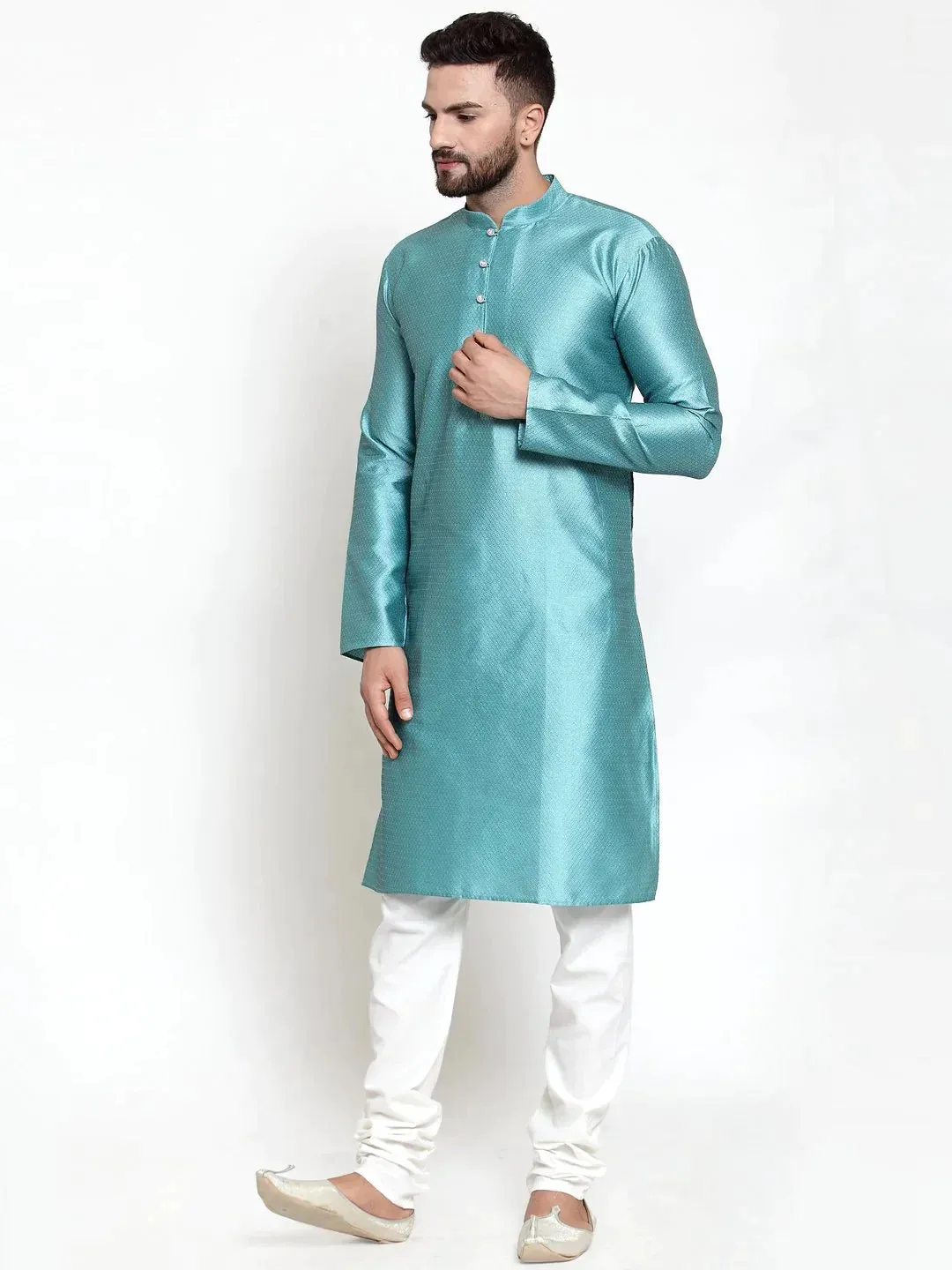 Men Light-Blue & White Self Design Kurta Only