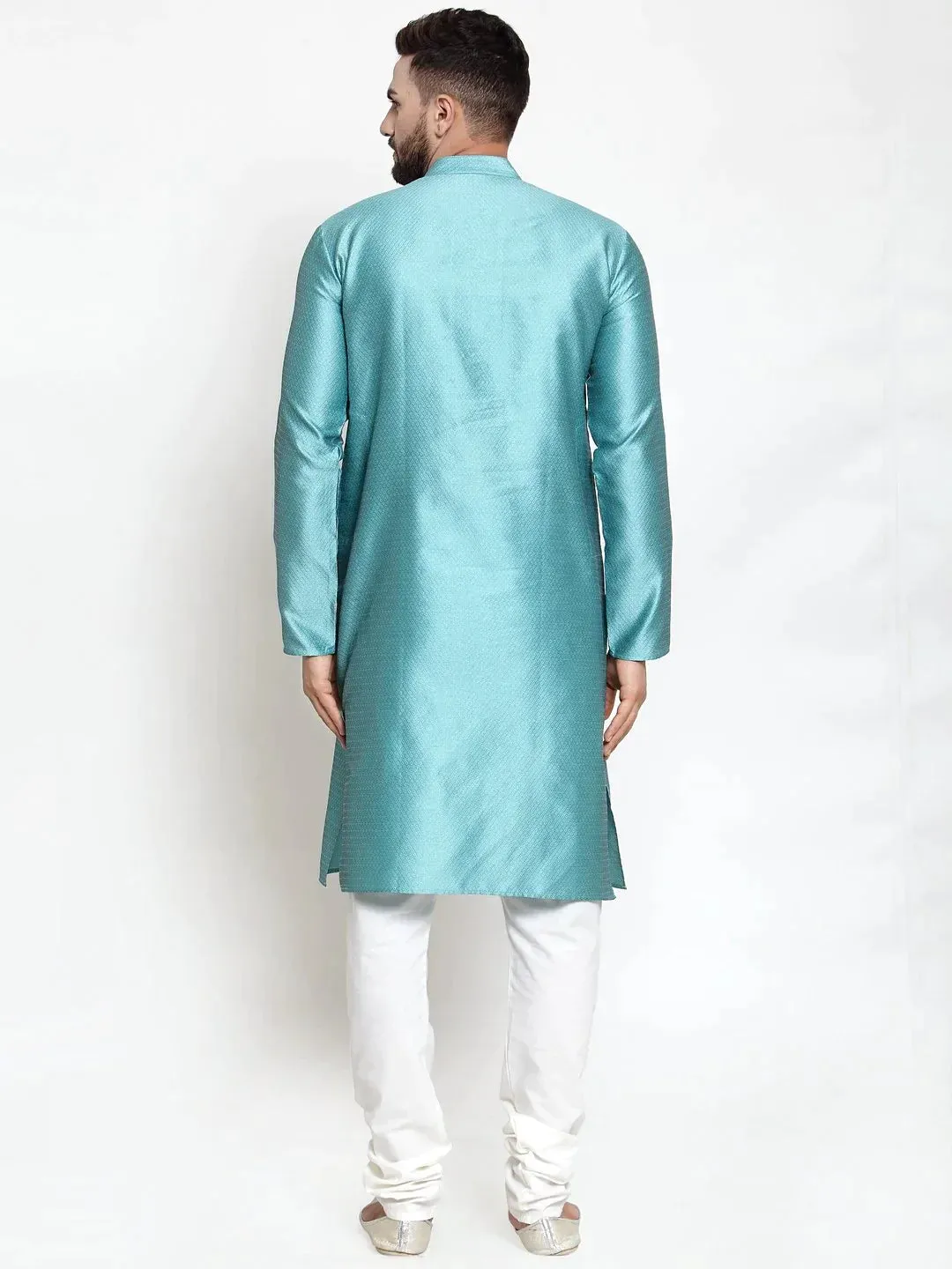 Men Light-Blue & White Self Design Kurta Only
