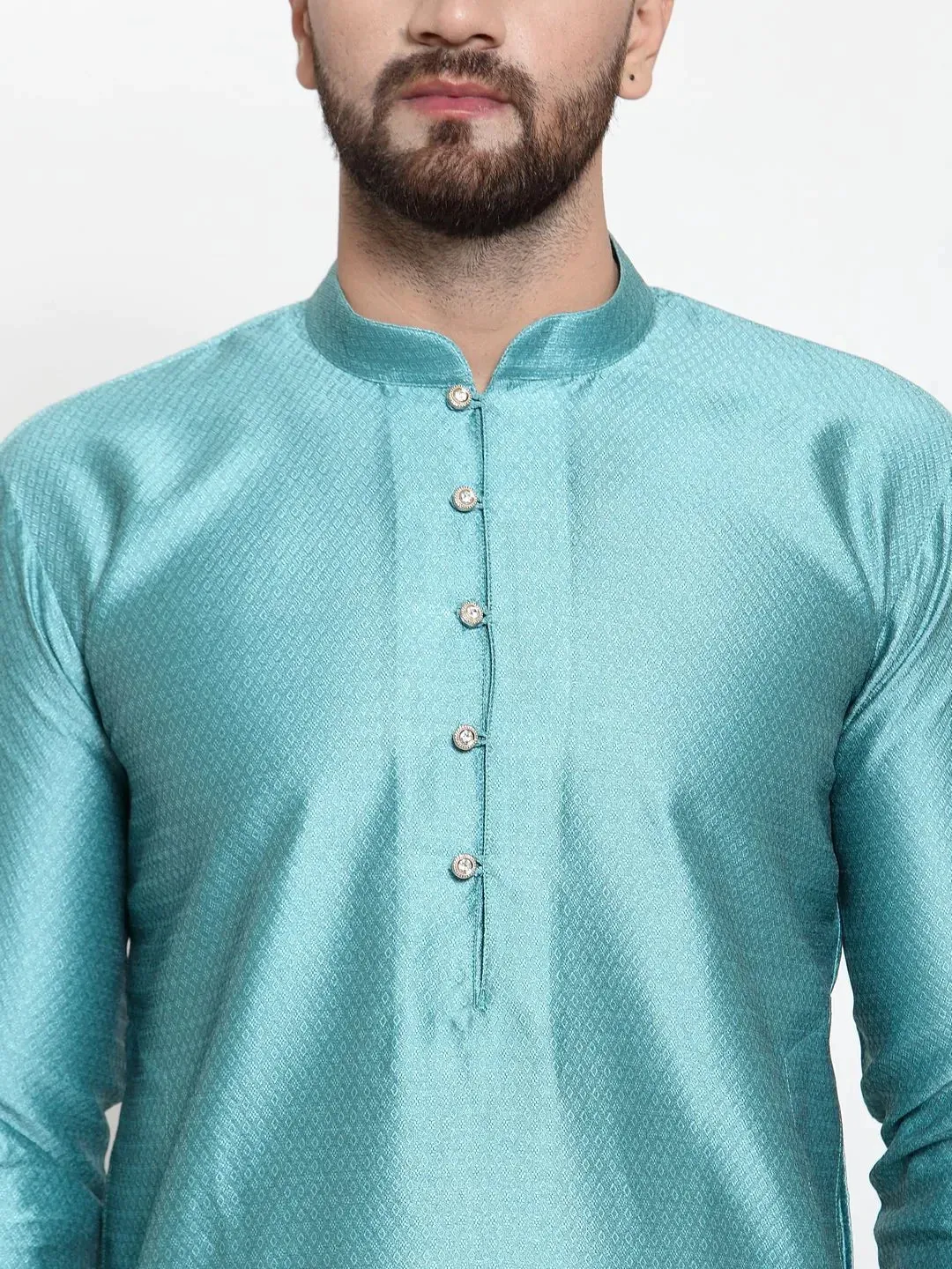 Men Light-Blue & White Self Design Kurta Only