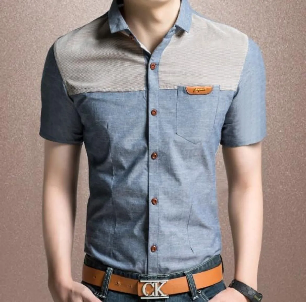 Mens Denim Color Block Shirt