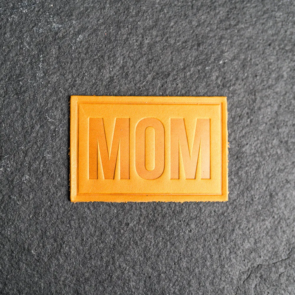 Mom Block Font Stamp Leather Patches with optional Velcro added