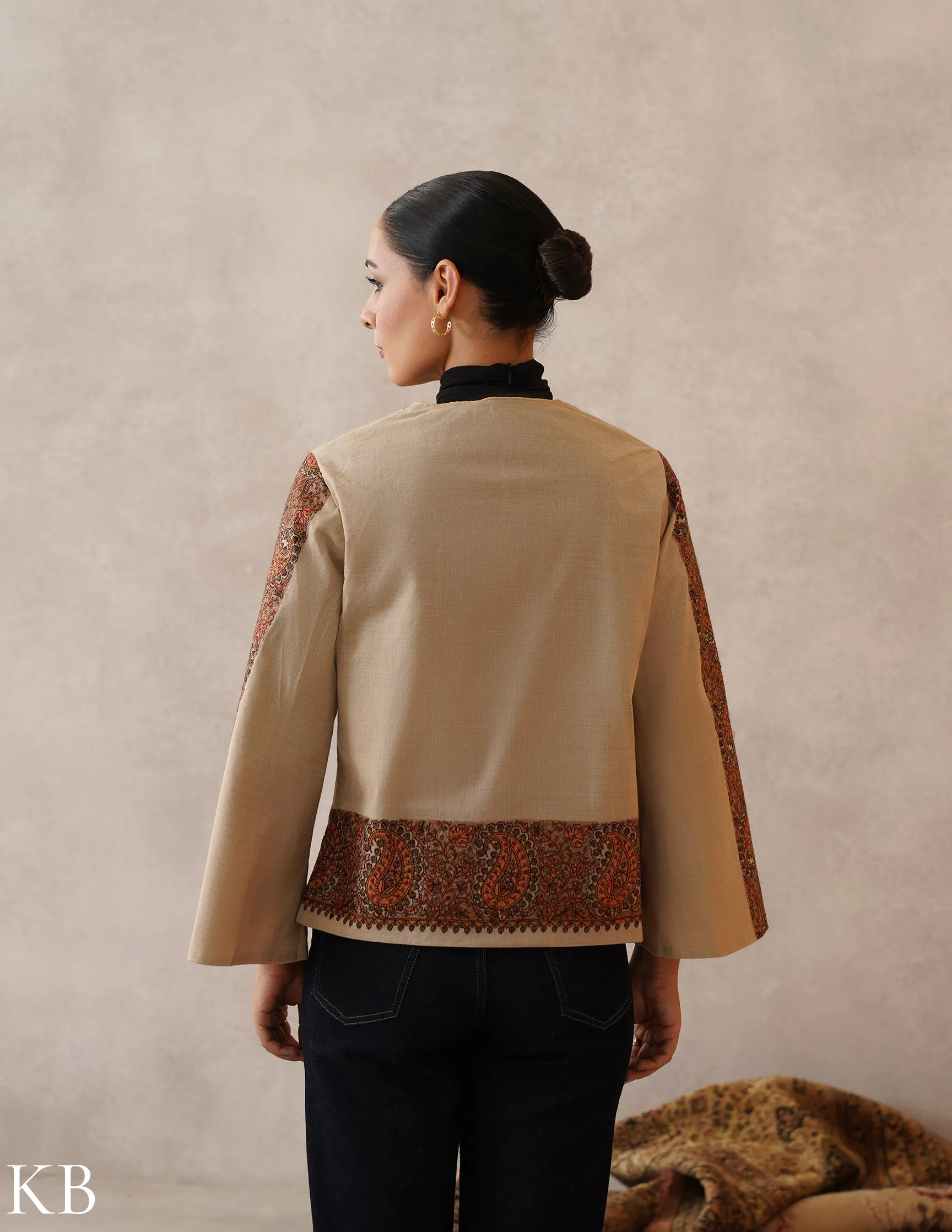 Nayaab Light Fawn Kashmiri Sozni Wool Cape Jacket