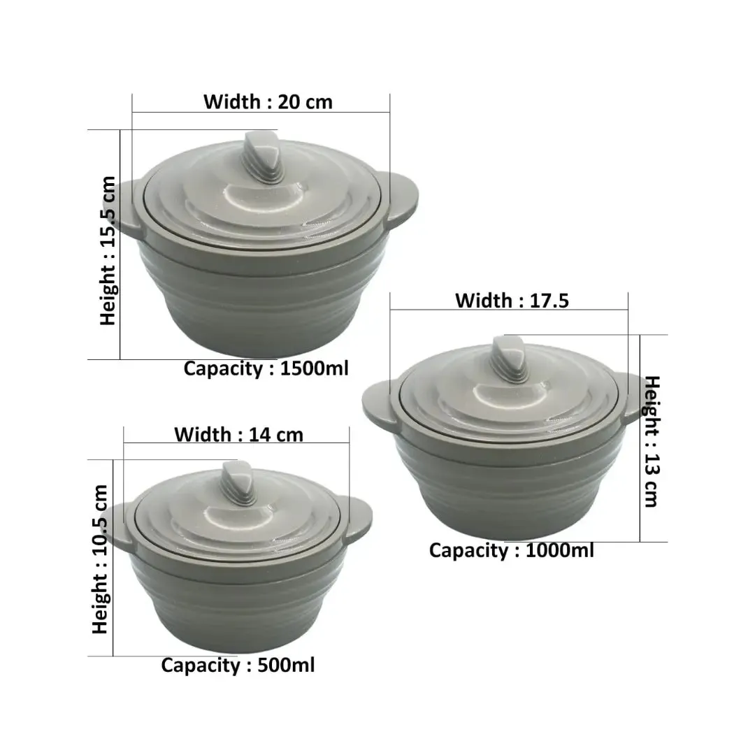 Nayasa Cornello Insulated Inner Stainless Steel Casserole Set of 3 (500ml, 1000ml, 1500ml) - Cool Green