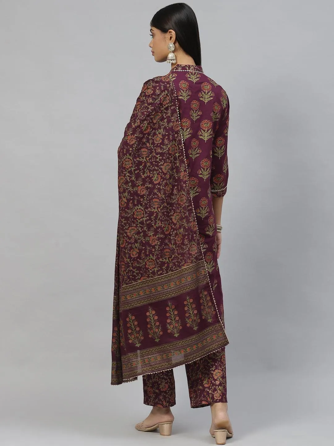 Purple Cotton Straight Kurta Pant Set With Dupatta