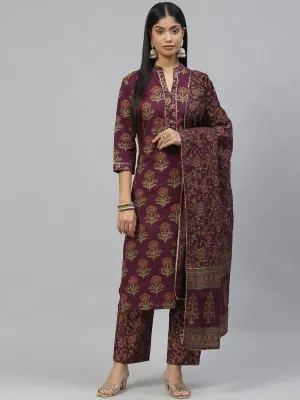 Purple Cotton Straight Kurta Pant Set With Dupatta