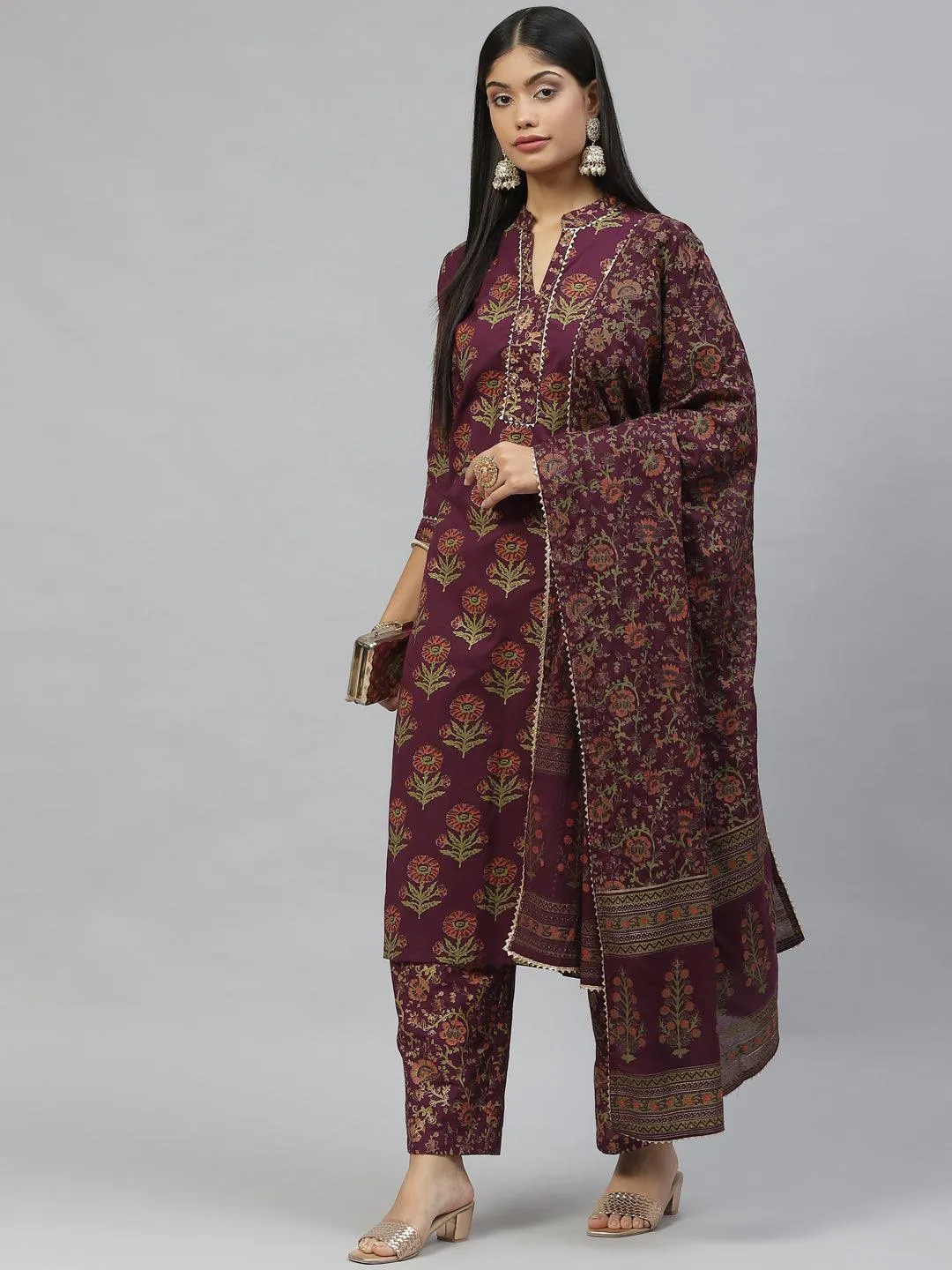 Purple Cotton Straight Kurta Pant Set With Dupatta