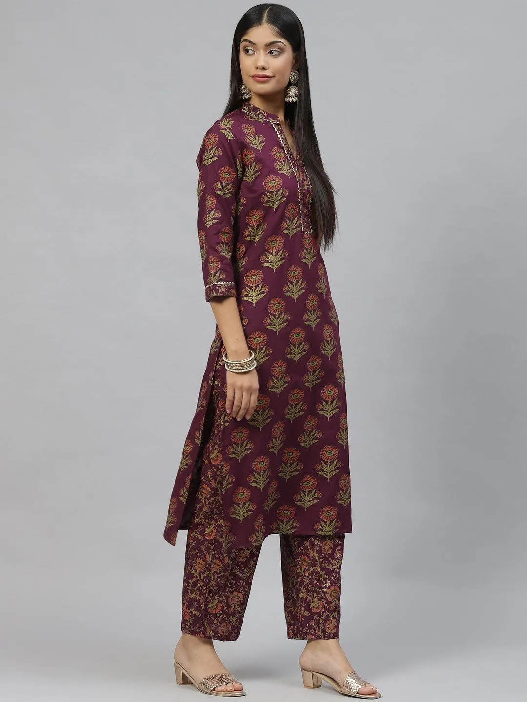Purple Cotton Straight Kurta Pant Set With Dupatta