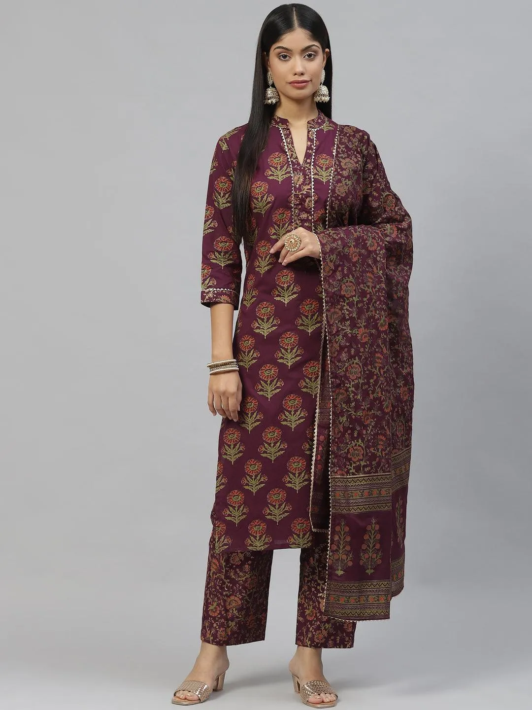 Purple Cotton Straight Kurta Pant Set With Dupatta