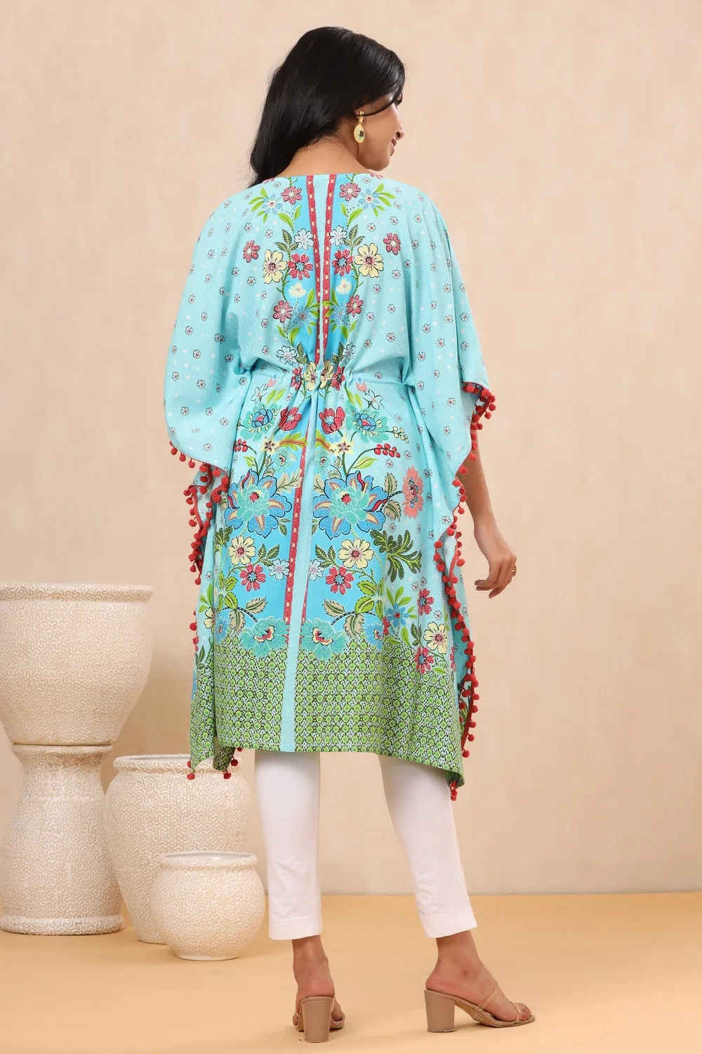 Sky Blue Rayon Floral Printed Kaftan