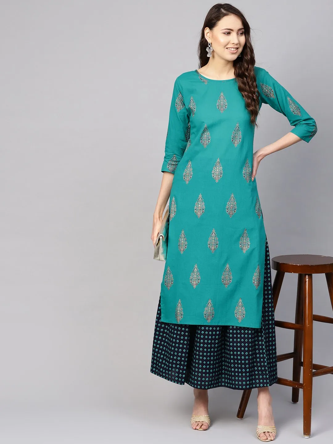 Women Green & Navy Blue Printed Kurta With Skirt