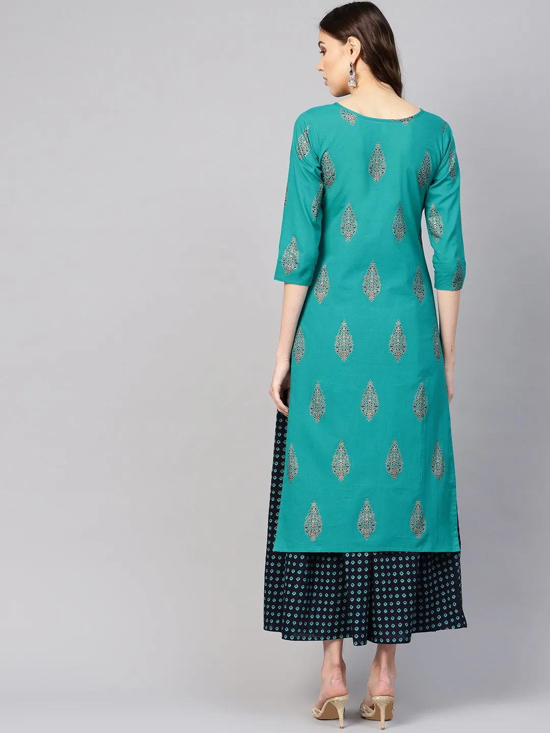 Women Green & Navy Blue Printed Kurta With Skirt