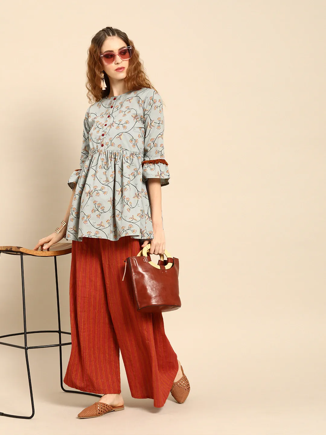 Women Grey  Printed Flared Floral Knitted Pure Cotton Kurti