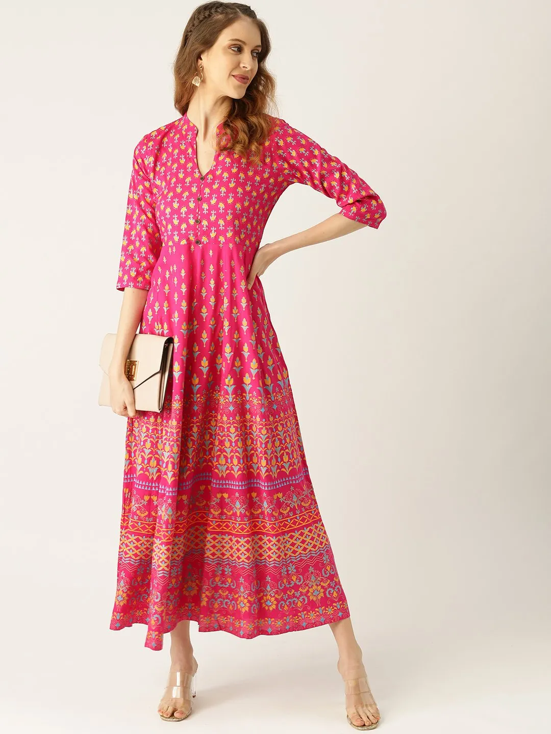 Women Pink Floral Printed Mandarin Collar Viscose Rayon Fit And Flare Dress