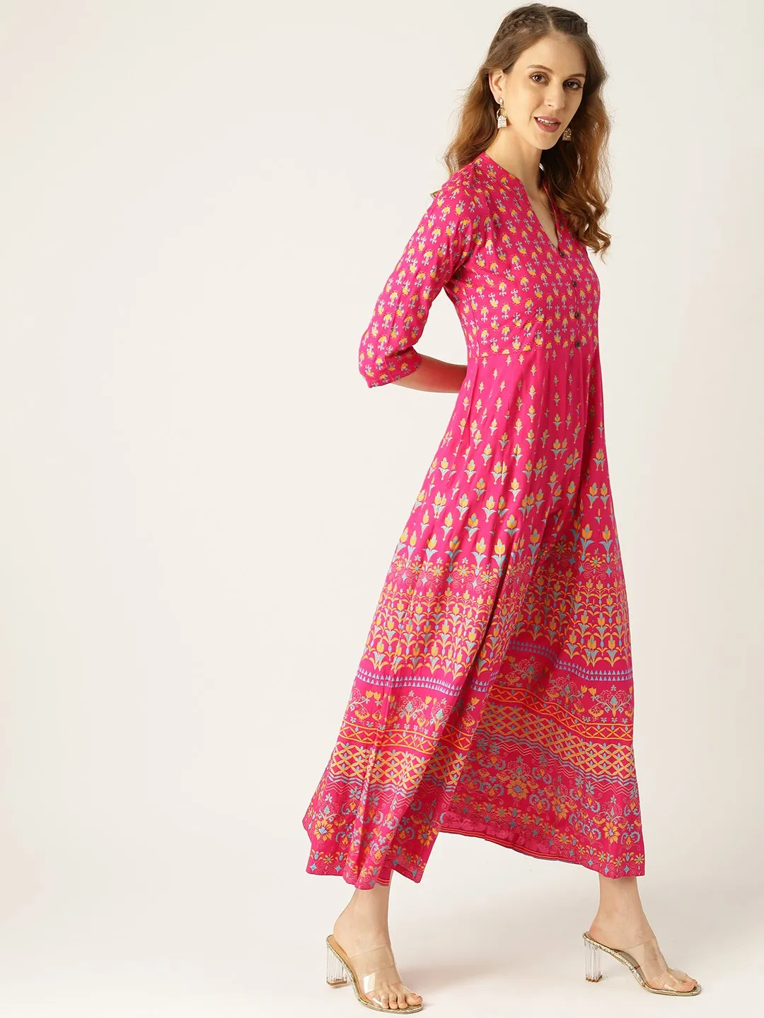 Women Pink Floral Printed Mandarin Collar Viscose Rayon Fit And Flare Dress