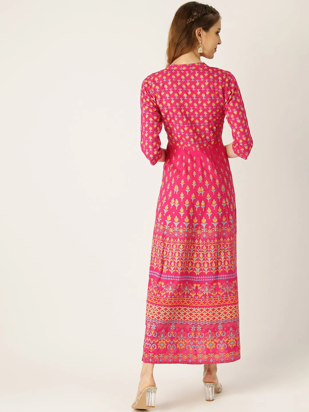 Women Pink Floral Printed Mandarin Collar Viscose Rayon Fit And Flare Dress