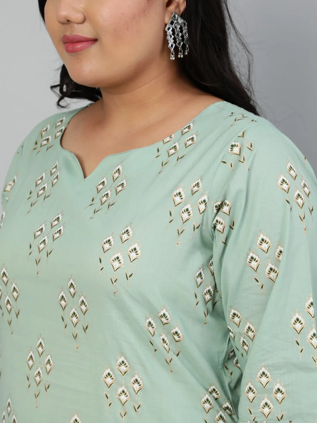 Women Sage Green & Gold  Printed Straight Kurta With Plazo & Dupatta