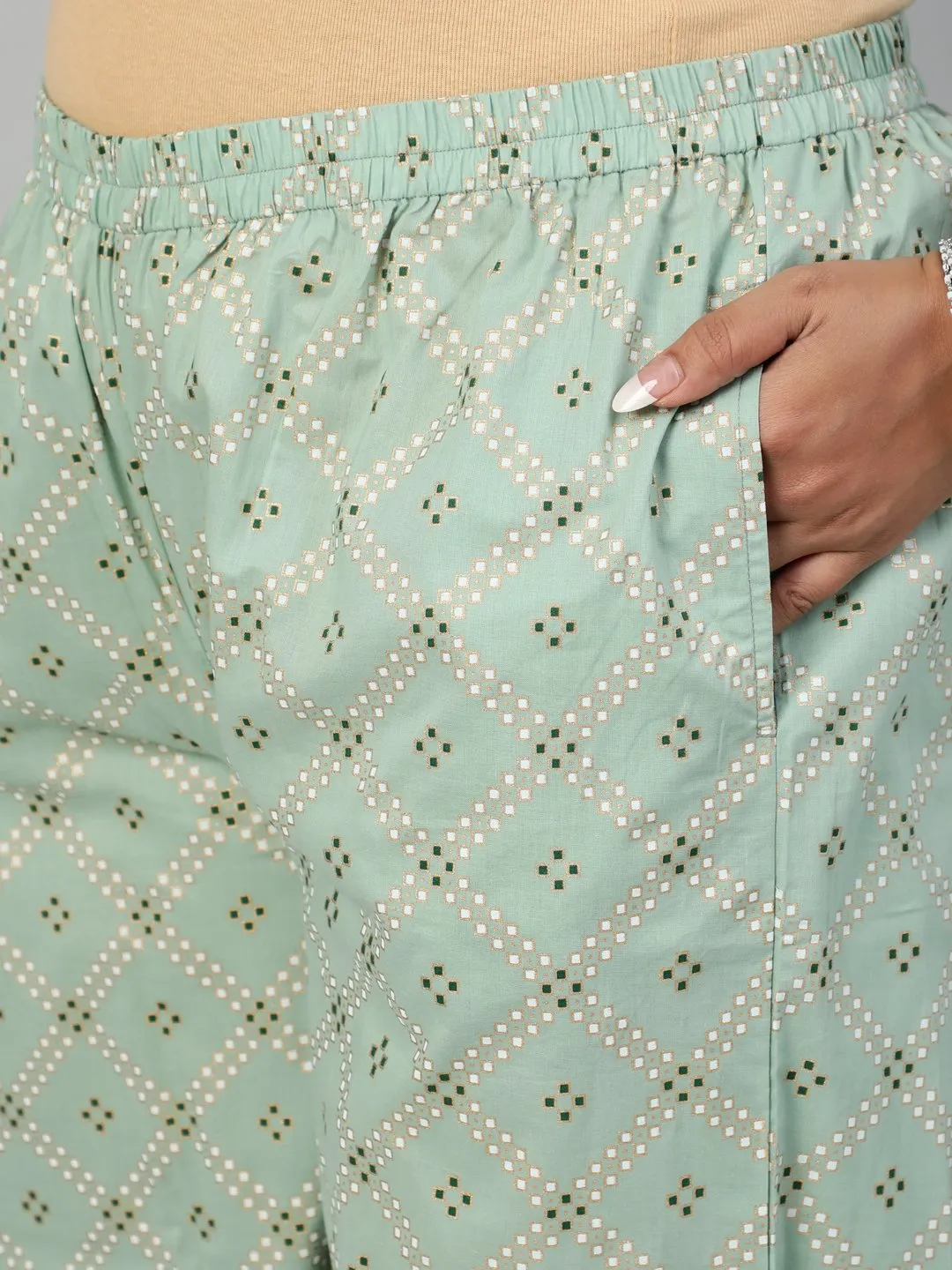 Women Sage Green & Gold  Printed Straight Kurta With Plazo & Dupatta