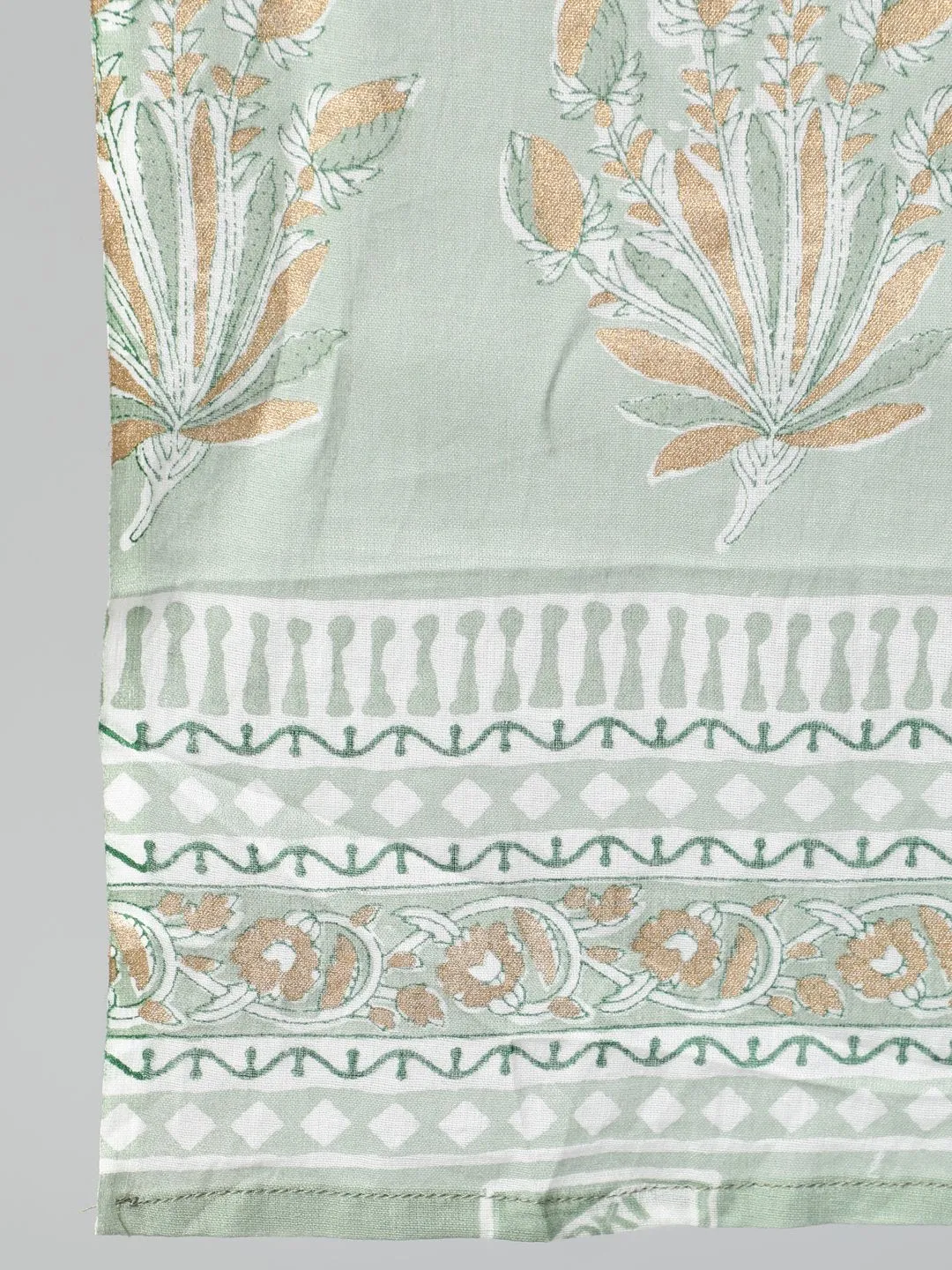 Women Sage Green & Gold  Printed Straight Kurta With Plazo & Dupatta