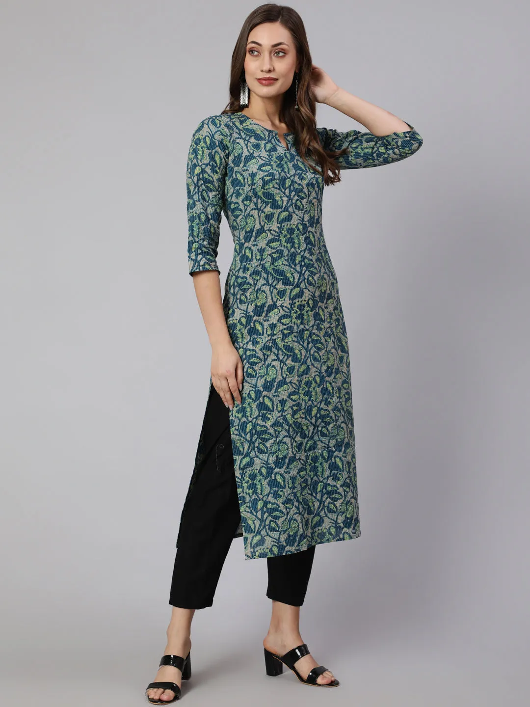 Women Teal Green Ethnic Printed Straight Kurta With Three Quarter Sleeves