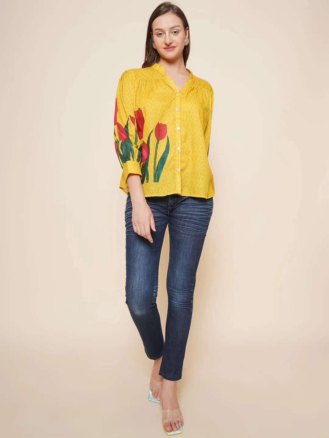 Yellow Floral Printed Shirt Style Top
