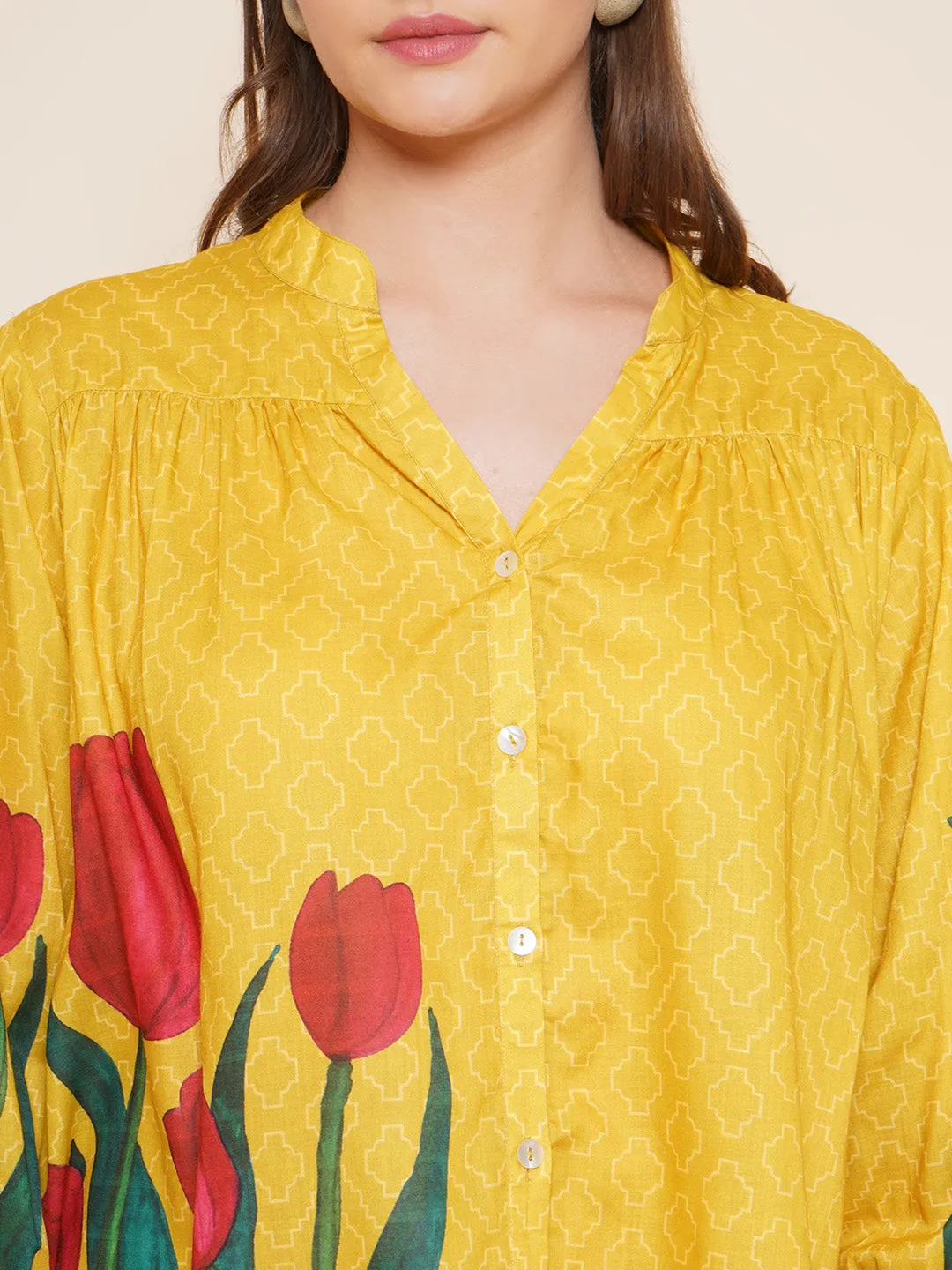Yellow Floral Printed Shirt Style Top