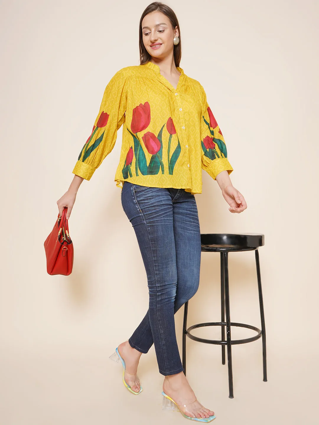 Yellow Floral Printed Shirt Style Top