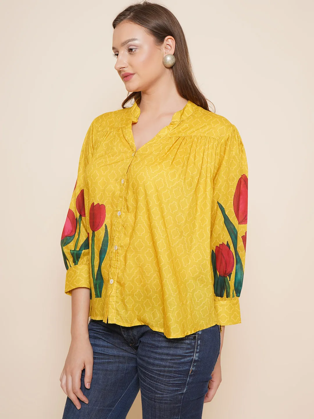 Yellow Floral Printed Shirt Style Top