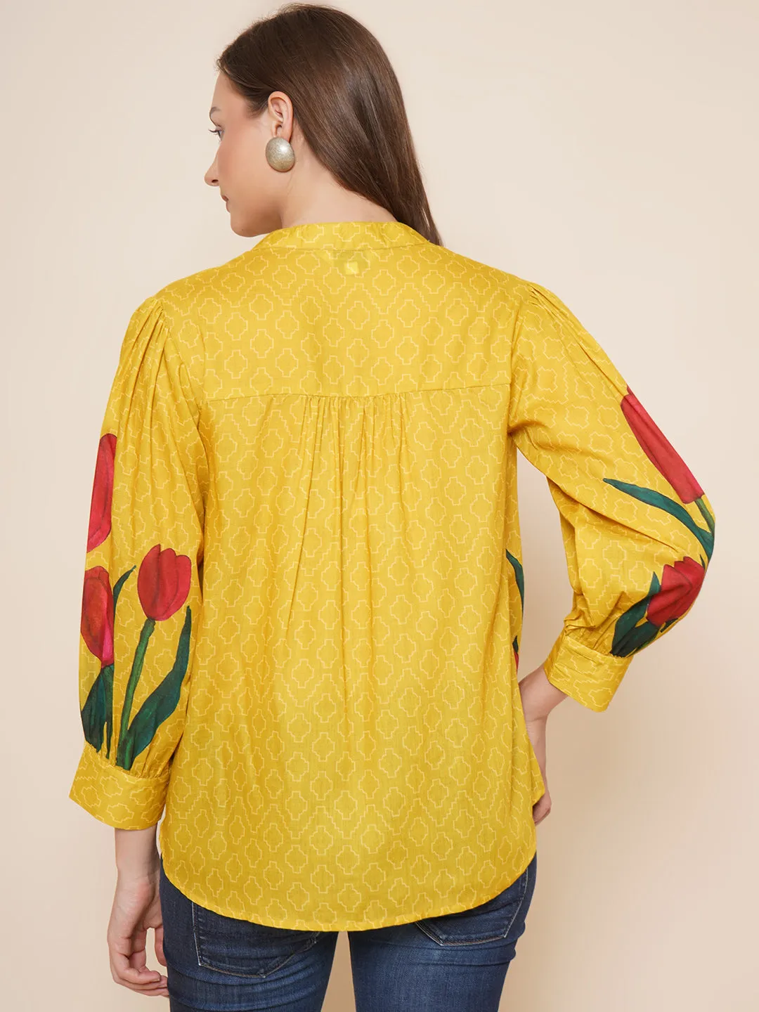 Yellow Floral Printed Shirt Style Top