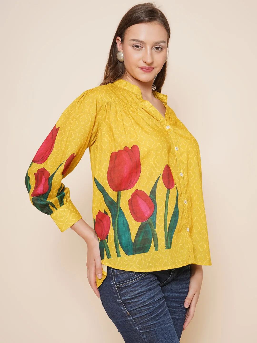 Yellow Floral Printed Shirt Style Top